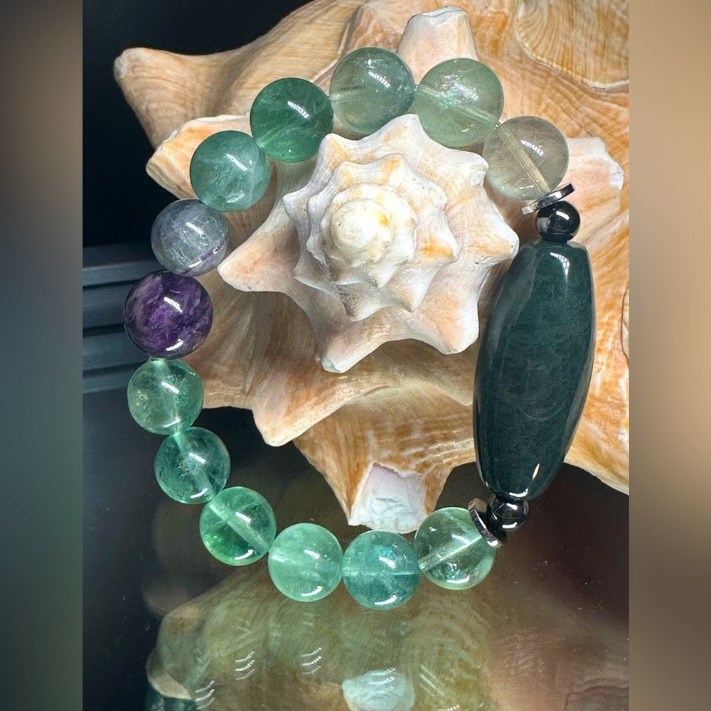 DARK NEPHRITE JADE + FLUORITE NATURAL STONES BRACELET size 7”